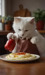 white cat grabbing tomato from the plate with scrambled eggs and sausage on the side
