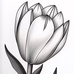 a drawing of a flower is shown with leaves,a drawing of a single flower with a leaf,the drawing shows an image of a single flower,this drawing depicts a single flower,a drawing of a flower that appears to be a large lily