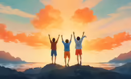 three boys, one is standing on a rock and the other stands on the edge of a hill