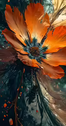 a orange and blue flower with water droplets on it