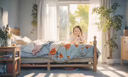 a girl sits at a bed looking out the window