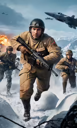 a group of people with rifles walking through snow