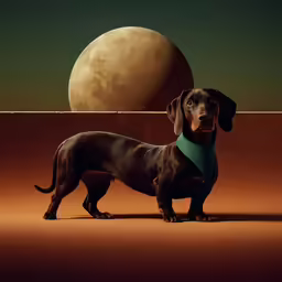 a long haired black dog standing in front of a giant moon