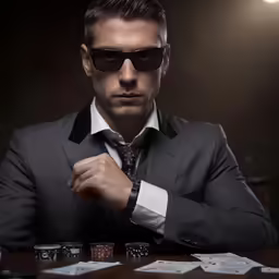 a man wearing shades at a table with cups