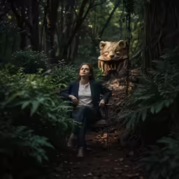 the woman is sitting on the bench in the forest