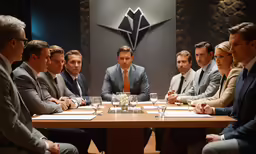 a group of people sitting at a table in suits