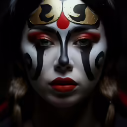 a woman wearing a clown makeup design