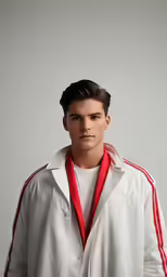the young man is wearing an outfit with a red scarf around his neck