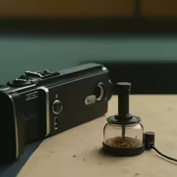 a camera and a glass jar filled with a sand