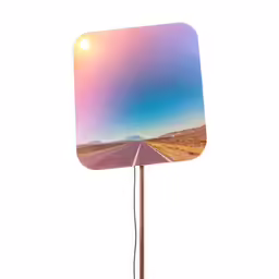 a square shaped wooden sign has a photo of a road