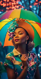 a woman standing under an umbrella with her eyes closed
