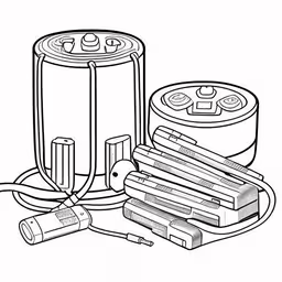 a penciled picture of a lighter and some batteries,a pair of batteries and a battery connected,a photo of a battery and batteries,a group of electric items that are on a white surface,an electric pencil drawing of various batteries