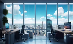 a desktop computer and two laptops in front of a huge window