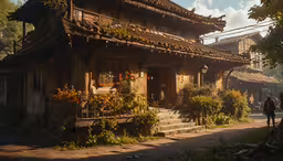 a tall brown building with plants growing on it,two people walk by the front of a house