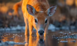 a close - up photo of a young deer drinking water from a stream