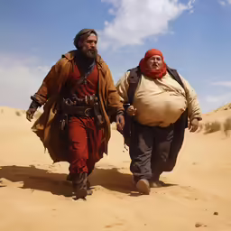 two people walk down the sand in their desert clothing