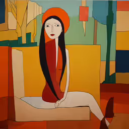 woman with orange hat sitting in an empty room,a painting of a person in orange and orange colors