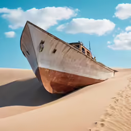 a ship in sand with footprints coming out of it