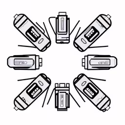 an image of a circular arrangement of four old school cellphones,a circular drawing of a nine piece cell phone,a circular of different size objects and colors,nine old flip phones arranged in a circle,a circular shape with eight cell phones in it