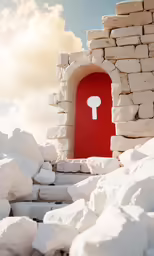 a big red door is in between the stone structure