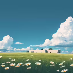 a big grassy field with some white flowers