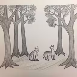a drawing of two foxes standing in a forest next to some trees