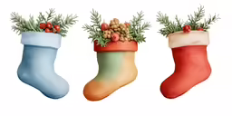three christmas stockings and one with berries and evergreen