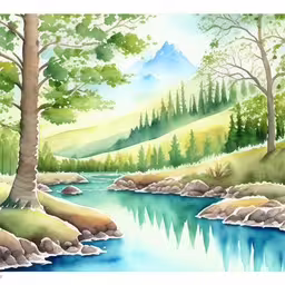 this painting depicts a green forest and stream