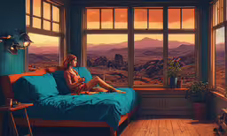 a woman sitting on a couch by a window,woman looking out of large window on the same day