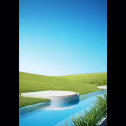 a large pool with clear water in a green landscape
