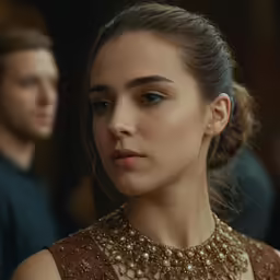 woman wearing a gold necklace in front of a man