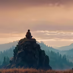man sitting on edge of cliff with mountain in background