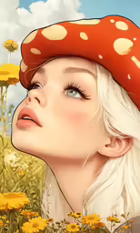 a painting of a girl in a field with a hat