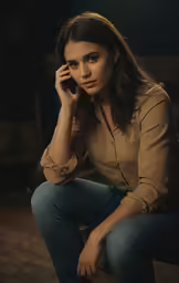 a girl sitting on a table talking on a phone