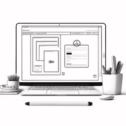 a laptop on a desk with pen and plant