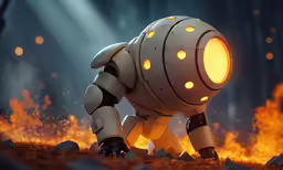 the robot is walking through the grass with glowing eyes