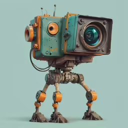 a blue camera sits on its leg