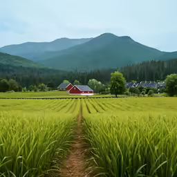 a large field with a barn and two silos behind it