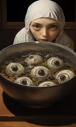 a young girl is holding a pan full of food with a doll dressed in a white jacket