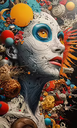 an artistic image with several different colored things on the face