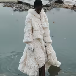 the woman is wearing a white coat with an animal print