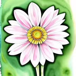 an illustration of a white and yellow daisy with some green and pink petals,a flower drawn in a brush on green background