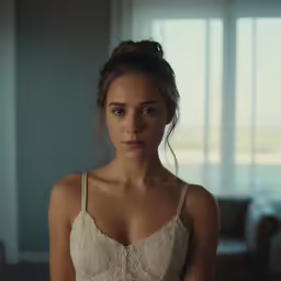 young woman in dress looking directly into camera