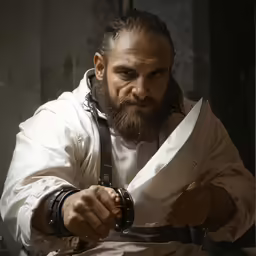 an old man with a large sword holds his hands out
