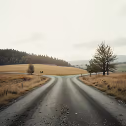 a empty road that leads to the end of a grassy field