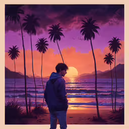 a man stands in the sand near some palm trees,the man is standing on the beach as the sun sets