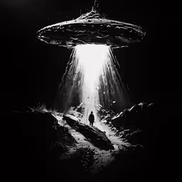 a lone figure in front of a black background under an alien beam
