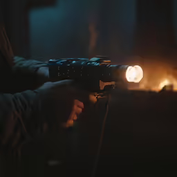 a person with an electronic camera on a tripod near a fire