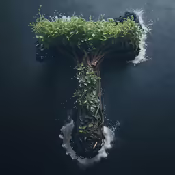 a green tree growing in the middle of water
