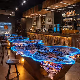 a bar with neon blue lights running from the bottom